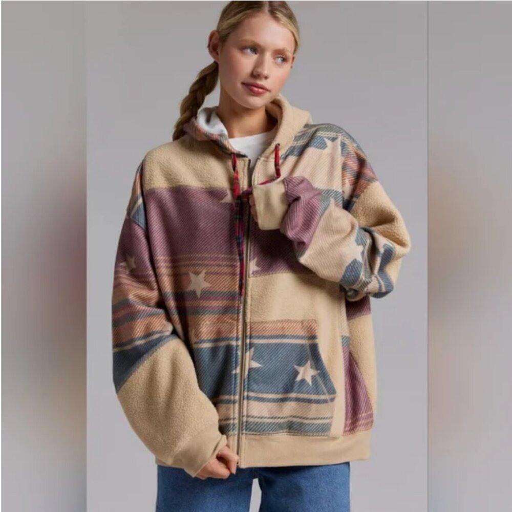 BDG by Urban Outfitters Hunter Patchwork Fleece Zip Up Hoodie Sweatshirt, M NWT
